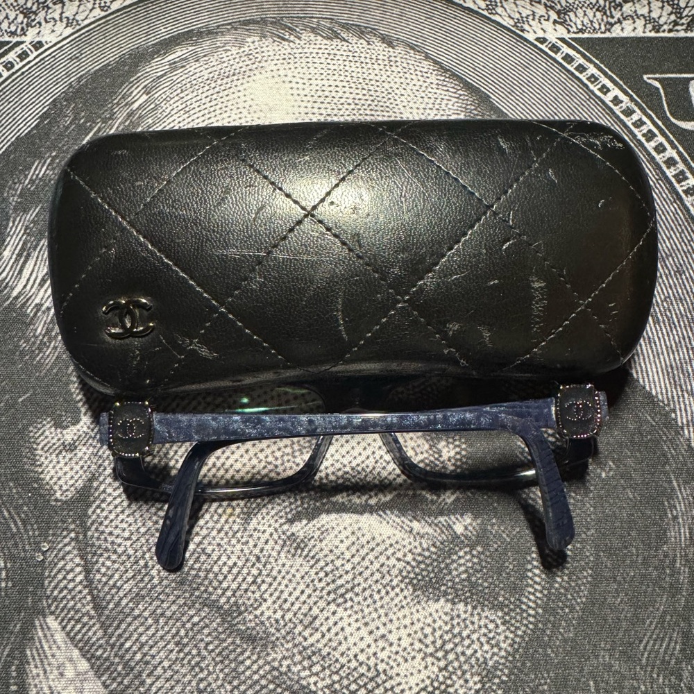 Chanel Black Quilted Glasses Case with Blue Glasses